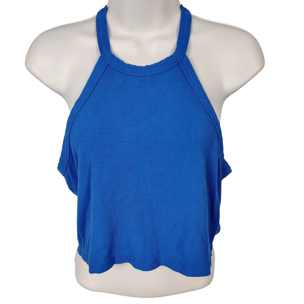 Ugerlov Womens‎ Ribbed Halter Crop Top Royal Blue Sleeveless Racerback Size L